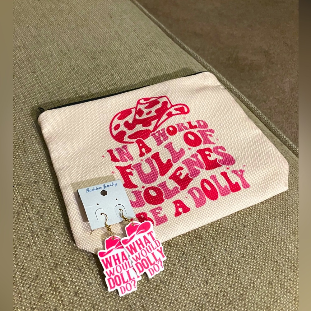 Dolly Parton earrings and small bag